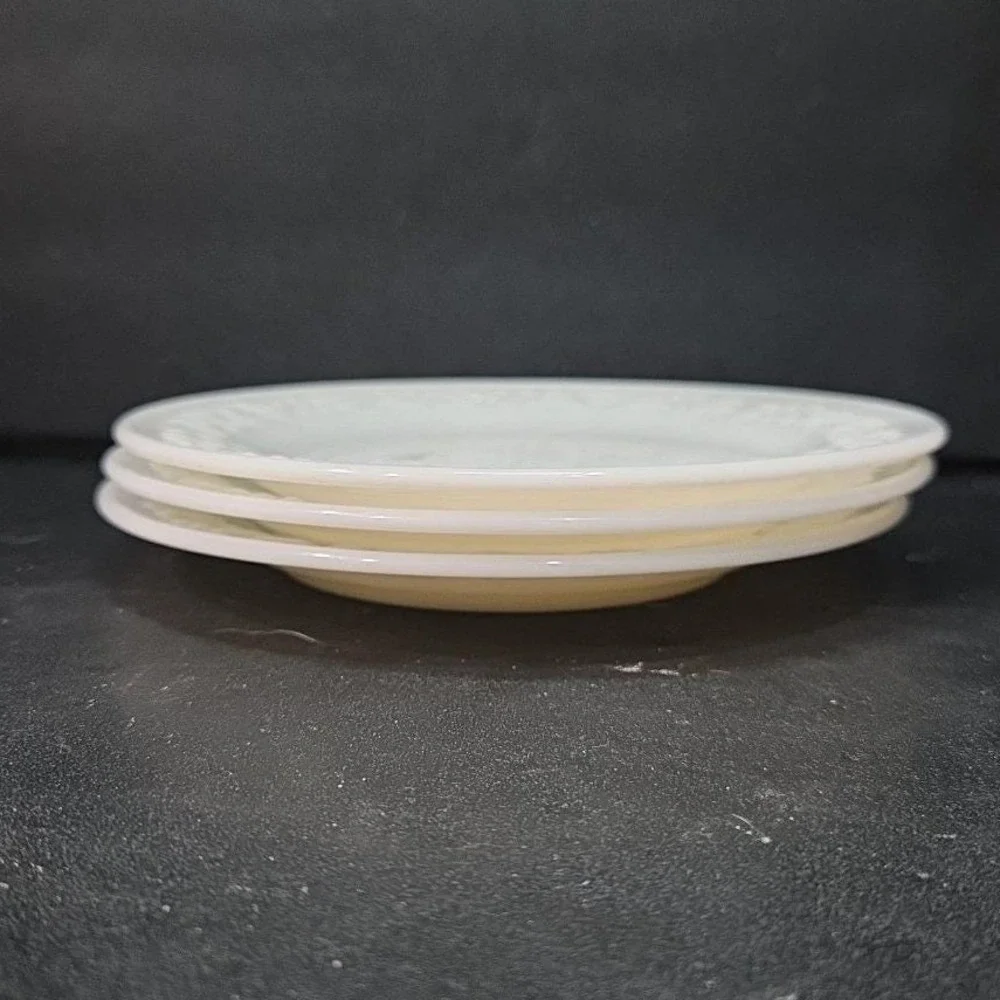 Hazel Atlas Milk Glass Salad‎ Plates, Set of 3, Vintage Floral Embossed Dishes